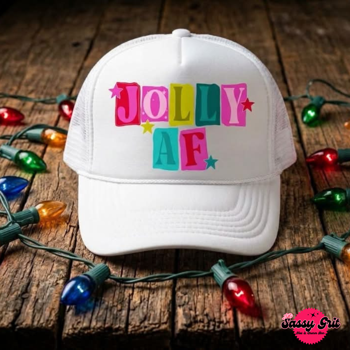 Jolly AF Hat, White Trucker Cap with Christmas Design