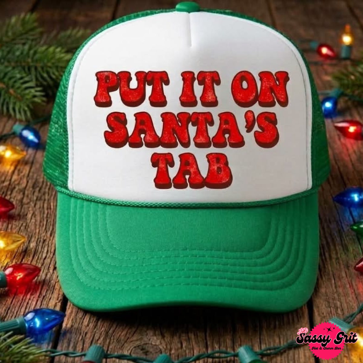 Put It On Santa's Tab Trucker Hat, Kelly Green White Otto Hat, DTF Design