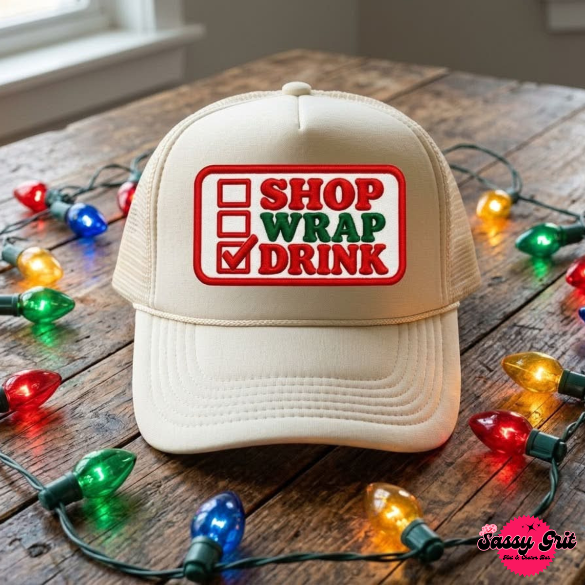 Shop Wrap Drink Hat, Khaki Trucker Hat with Embroidered Patch