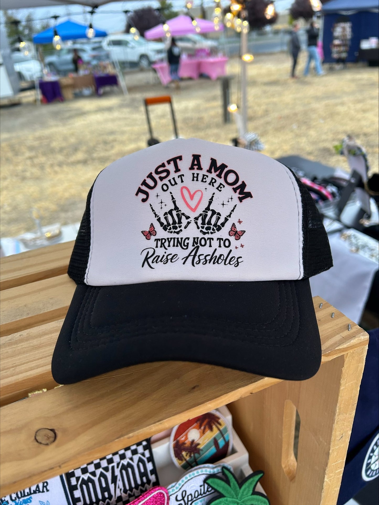 Just A Mom Trying Not To Raise Assholes- Trucker Hat- Custom Hats- Sassy Hats