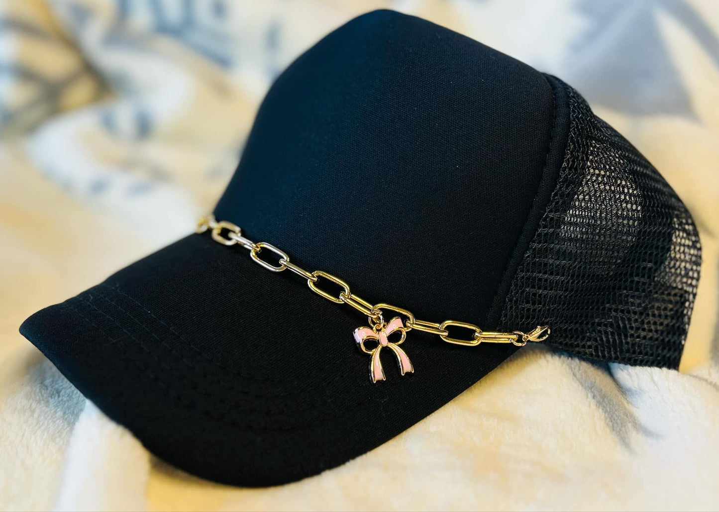Hat Chains- Trucker Hat Chains- Gold Chain- Pink Bow- Sassy Hat Chain- Custom Hat Chain