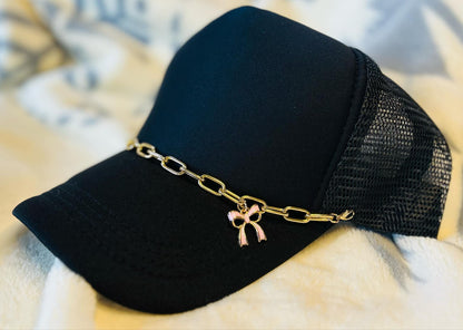 Hat Chains- Trucker Hat Chains- Gold Chain- Pink Bow- Sassy Hat Chain- Custom Hat Chain
