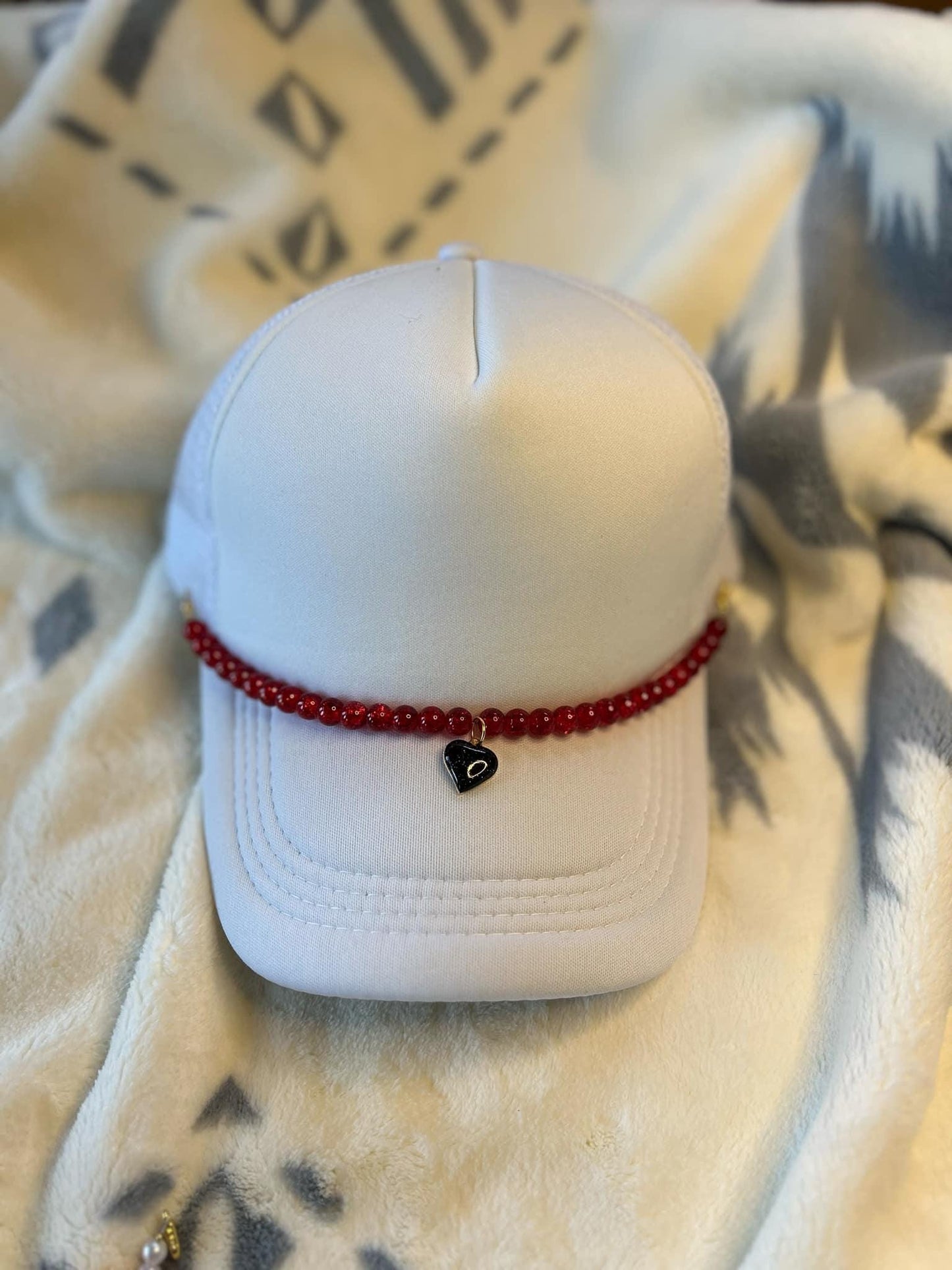 Red Beaded Hat Chain w/ Black Heart Charm- Trucker Hat Chain- Custom Hat Chain