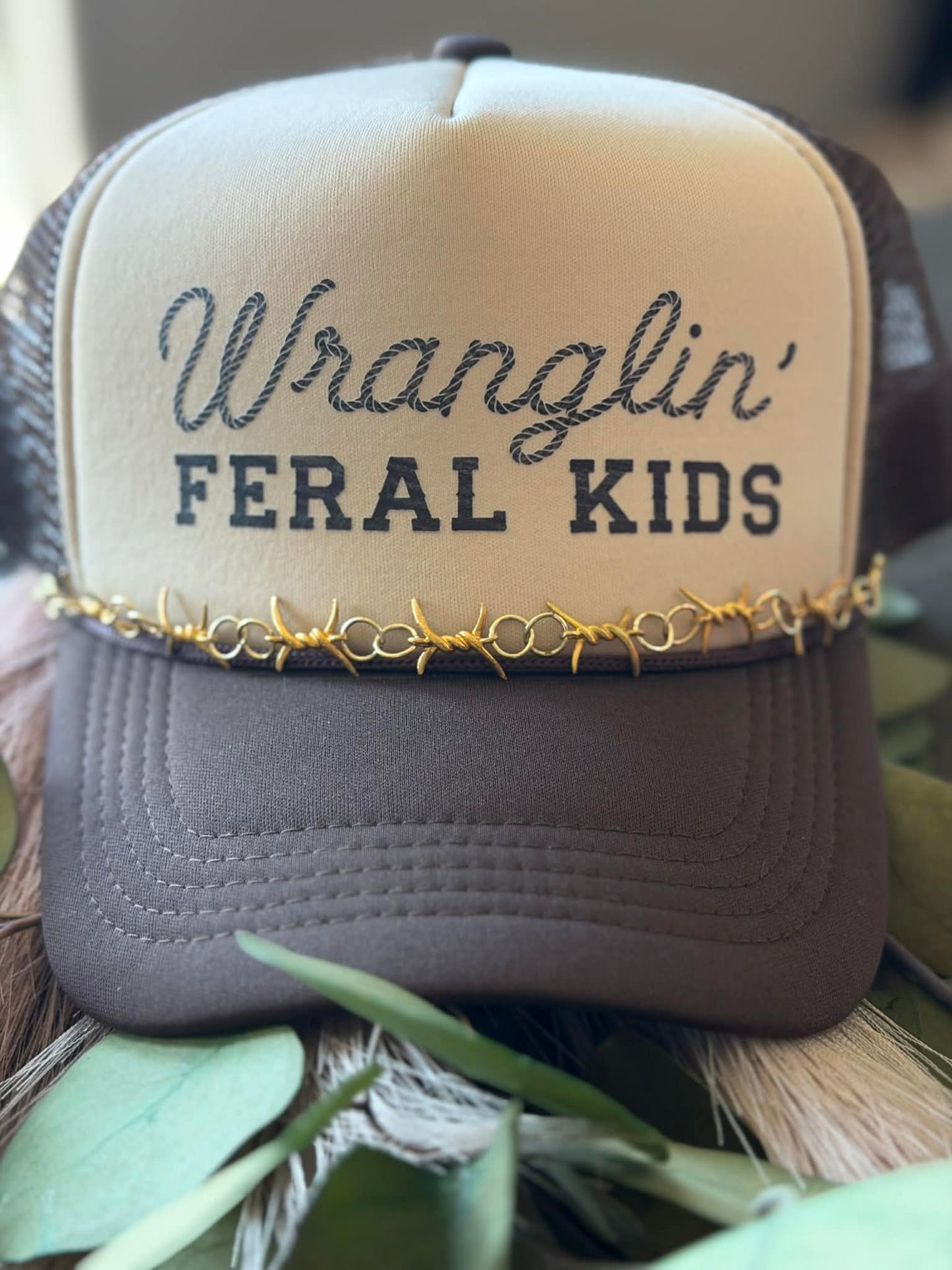 Wranglin' Feral Kids- Edgy Trucker Hat- Gold Barbed Wire Chain- Hat Chains