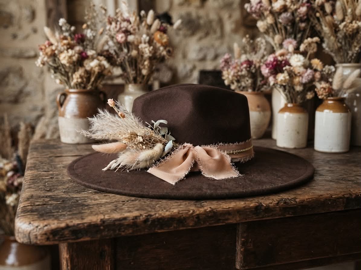 Cowgirl Hat, Rich Brown, Chiffon & Gold Accents, Dried Flowers, Feathers, One Size Fits Most
