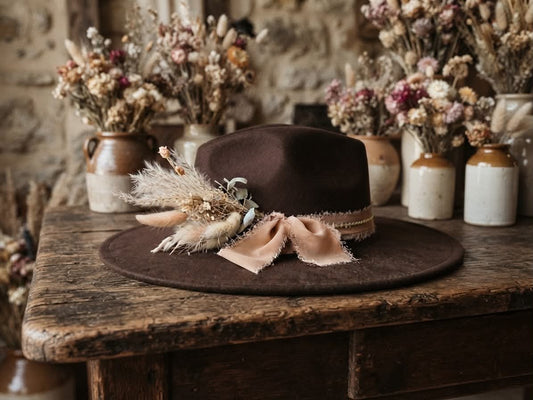 Cowgirl Hat, Rich Brown, Chiffon & Gold Accents, Dried Flowers, Feathers, One Size Fits Most