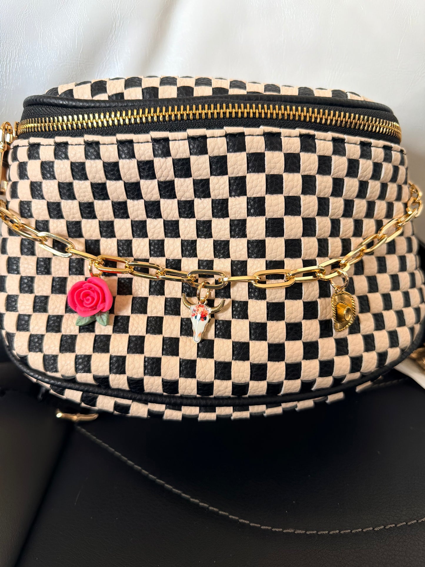 Trendy Bum Bag- Checkered- Edgy- Crossover Purse- Charm Bag Chain