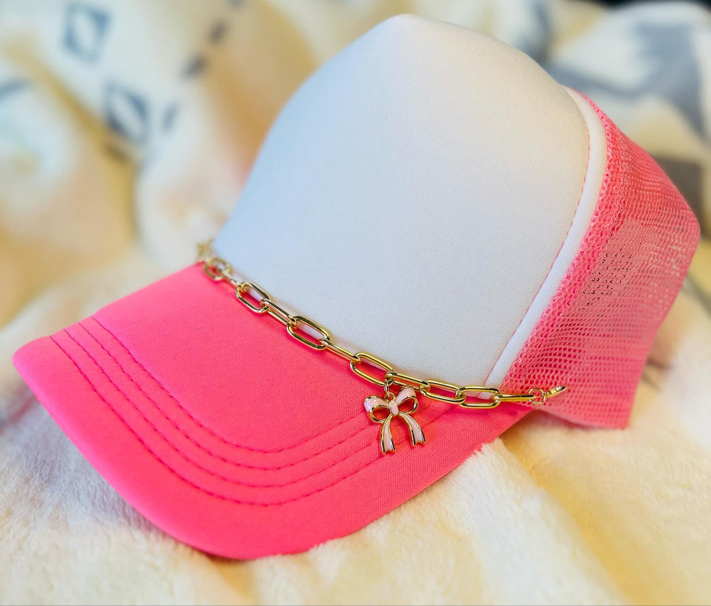 Hat Chains- Trucker Hat Chains- Gold Chain- Pink Bow- Sassy Hat Chain- Custom Hat Chain