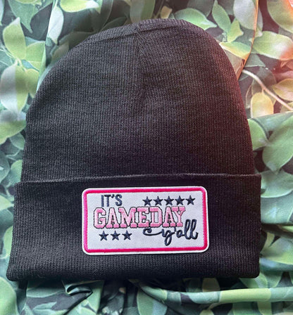 It's GameDay Y'all- Beanie- Sports Beanie- Black Beanie- Custom Beanie- Custom Hat- Patches- Sports Patches