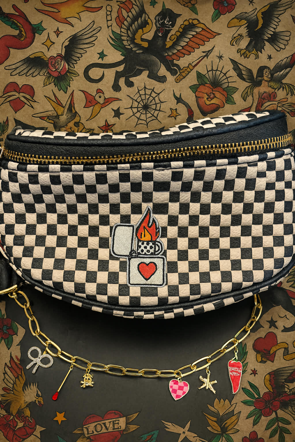 Trendy Bum Bag- Checkered- Edgy- Crossover Purse- Charm Bag Chain