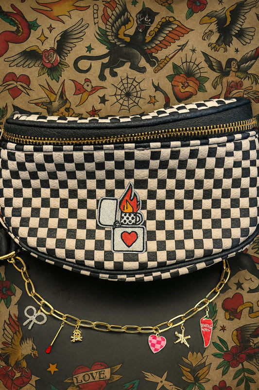 Trendy Bum Bag- Checkered- Edgy- Crossover Purse- Charm Bag Chain
