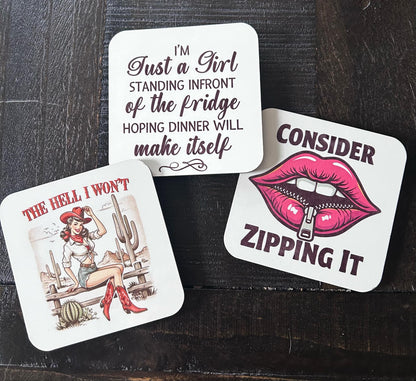 Sassy Magnets- Fridge Magnets- Retro Girls- Pin Ups- The Hell I Won't- Consider Zipping It- I'm Just A Girl