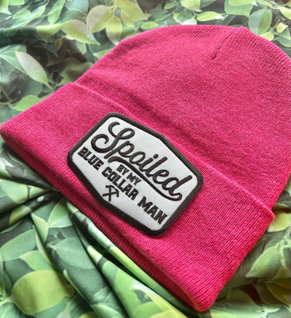 Spoiled By My Blue Collar Man- Beanie- Hot Pink- Warm Hats- Sassy Beanie- Blue Collar Man- Spoiled- Custom Beanies