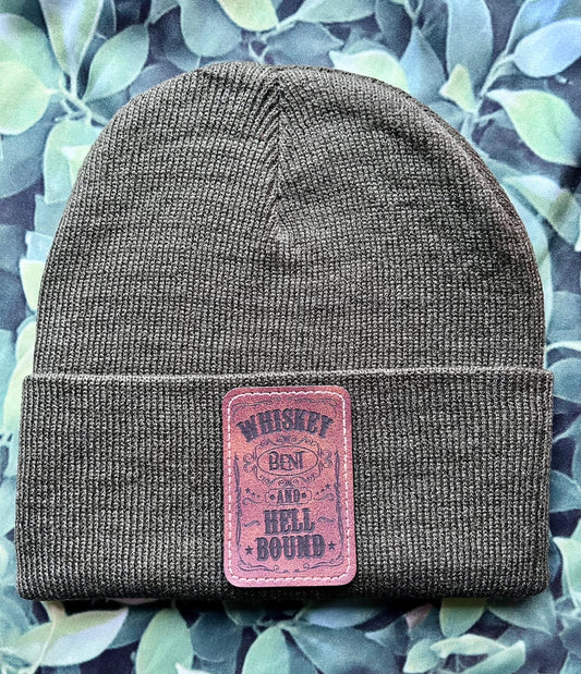 Whiskey Bent and Hell Bound~ Beanie- Custom Beanies-Leather Patch