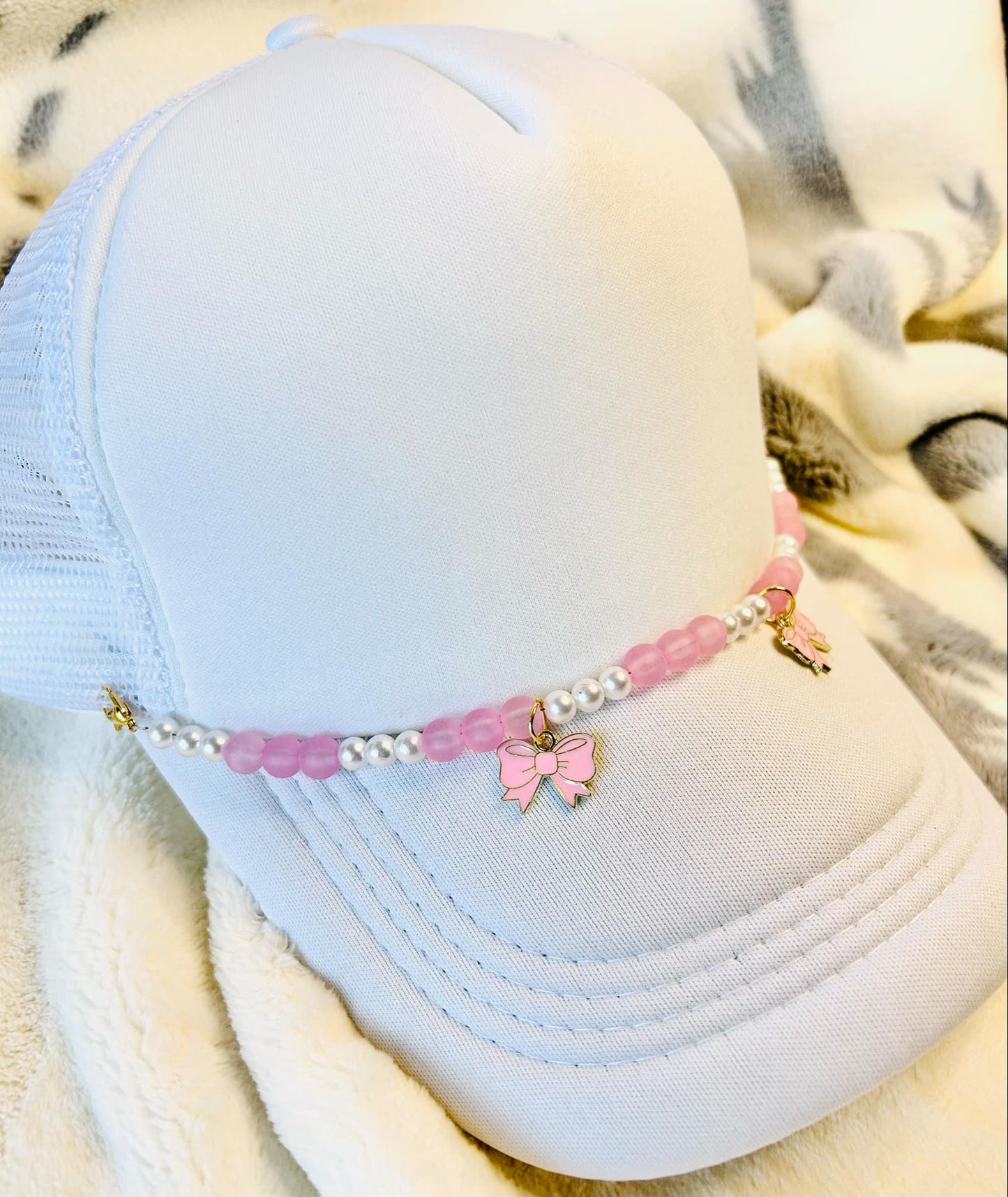 Beaded Hat Chain With Bow- Pink Glass Beads- Pearls- Pink Bows- Custom Trucker Hat Chains- Trucker Hats