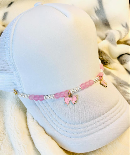 Beaded Hat Chain With Bow- Pink Glass Beads- Pearls- Pink Bows- Custom Trucker Hat Chains- Trucker Hats