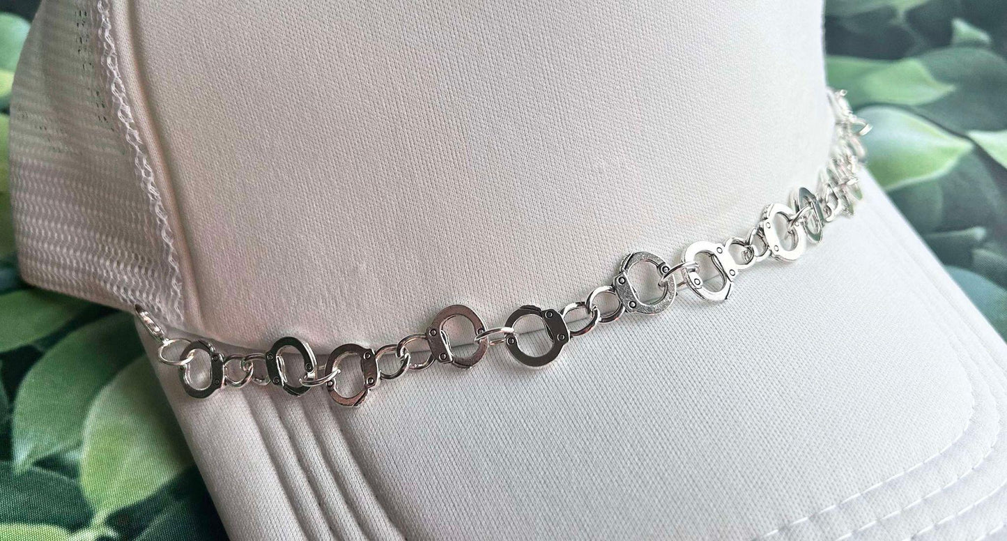 Hand Cuff Hat Chain- Silver Hand Cuffs- Edgy Hat Chain- Hat Chains- Trucker Hat- Trucker Hat Bar- Custom