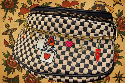 Trendy Bum Bag- Checkered- Edgy- Crossover Purse- Charm Bag Chain