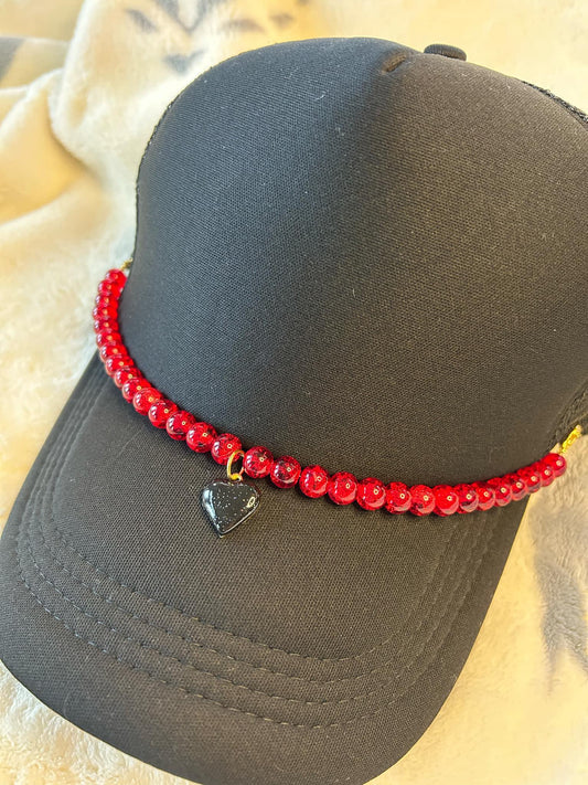 Red Beaded Hat Chain w/ Black Heart Charm- Trucker Hat Chain- Custom Hat Chain