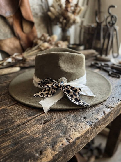 Cowgirl Hat: Solid Brushed Olive with Leopard Silk Scarf