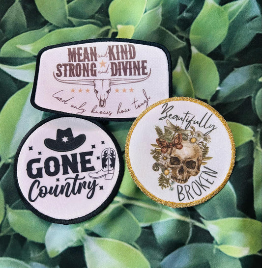 Country Patches- Gone Country- Beautifully Broken- Jelly Roll- Mean and Kind- Zach Bryan- Iron On- Sublimation- Trucker Hats- Country Girl