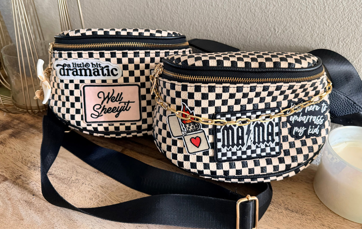 Trendy Bum Bag- Checkered- Edgy- Crossover Purse- Charm Bag Chain