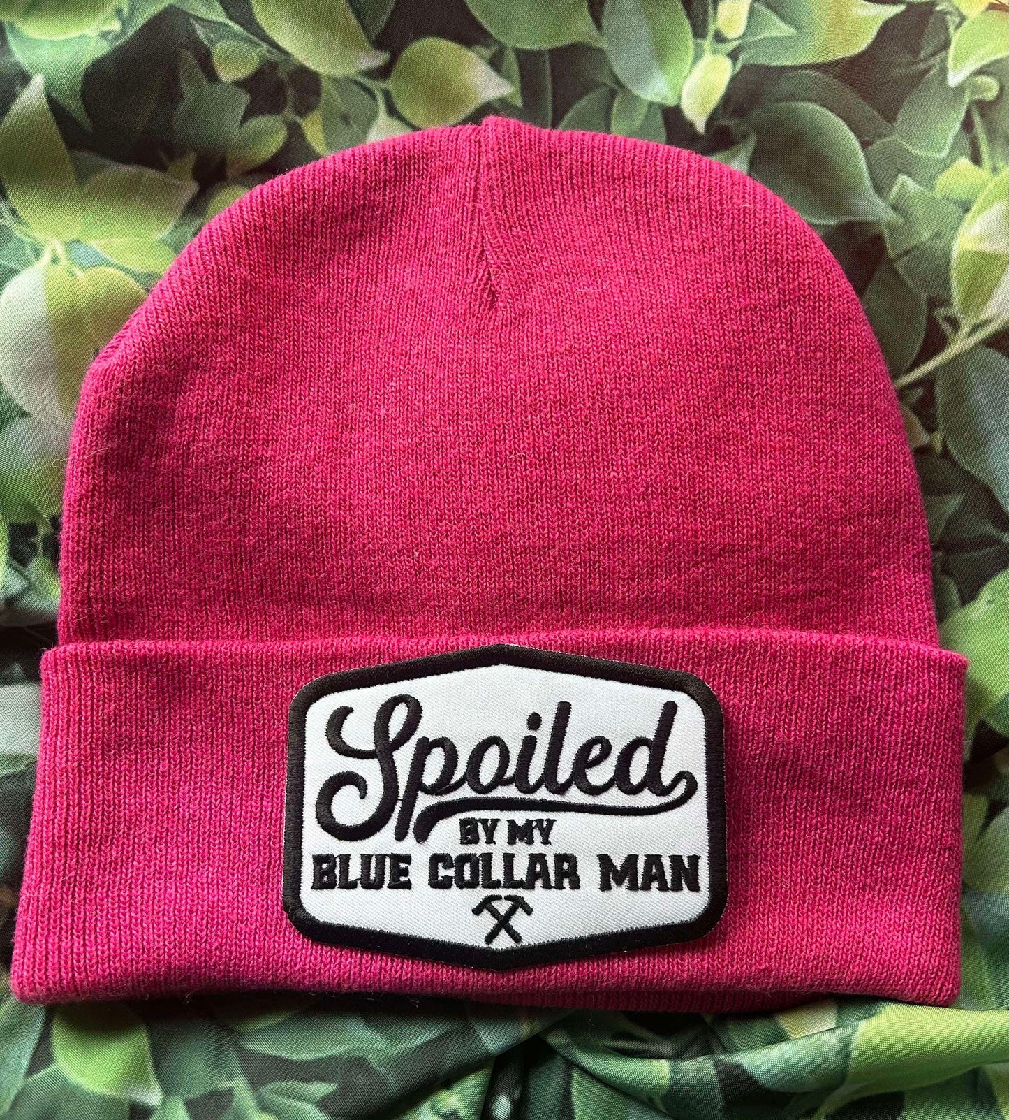 Spoiled By My Blue Collar Man- Beanie- Hot Pink- Warm Hats- Sassy Beanie- Blue Collar Man- Spoiled- Custom Beanies