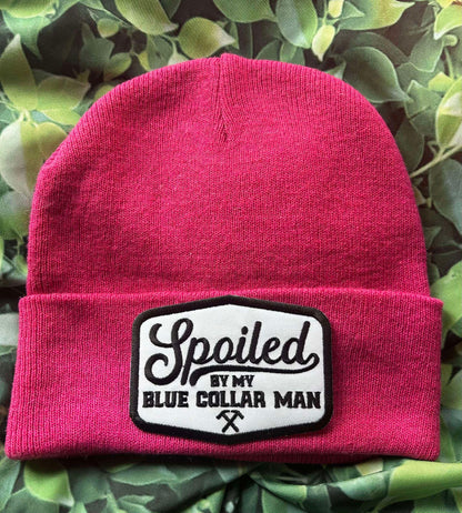 Spoiled By My Blue Collar Man- Beanie- Hot Pink- Warm Hats- Sassy Beanie- Blue Collar Man- Spoiled- Custom Beanies