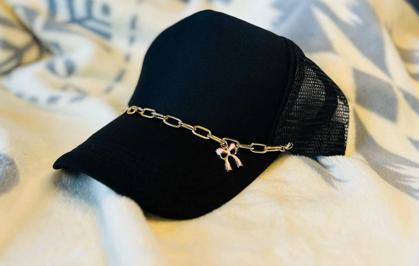 Hat Chains- Trucker Hat Chains- Gold Chain- Pink Bow- Sassy Hat Chain- Custom Hat Chain