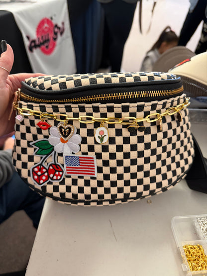 Trendy Bum Bag- Checkered- Edgy- Crossover Purse- Charm Bag Chain