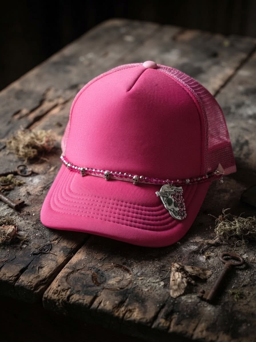 Halloween Trucker Hat Chain-Never Trust The Living-Skulls- Hot Pink