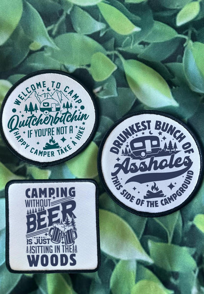 Funny Camping Patches- Camping & Beer- Sassy Patches- Trucker Hat Patches- Custom Patches- Custom Hats- Hats for Camping-Sublimation-Iron On