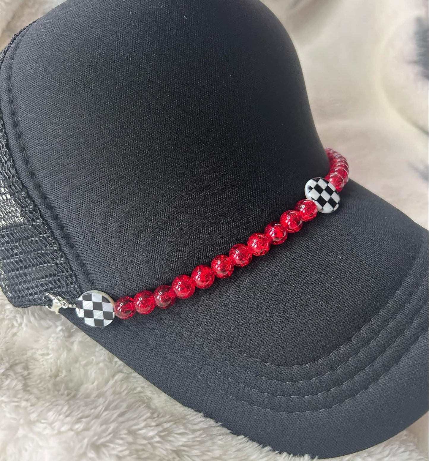 Hat Chains- Red Glass Beads- Checkered- Trucker Hat- Trucker Hat Chain- Custom Hat Chains