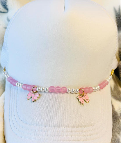 Beaded Hat Chain With Bow- Pink Glass Beads- Pearls- Pink Bows- Custom Trucker Hat Chains- Trucker Hats