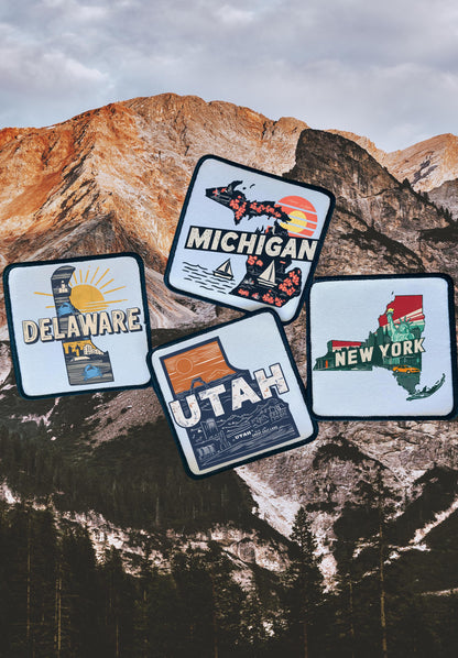 State Patches- Iron On- Michigan- Utah- New York- Delaware- North Carolina- Kentucky- Montana- Trucker Hats- Sublimation- Beanies