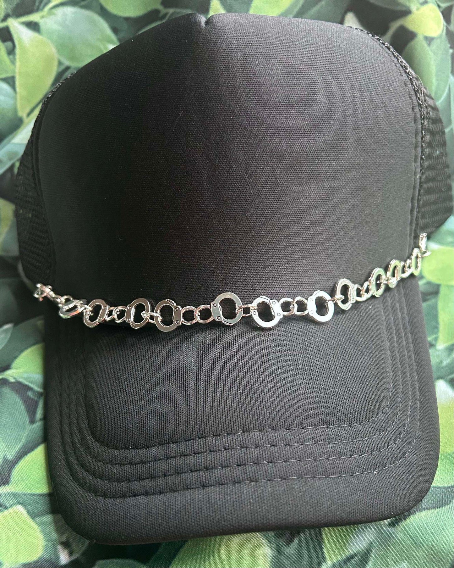 Hand Cuff Hat Chain- Silver Hand Cuffs- Edgy Hat Chain- Hat Chains- Trucker Hat- Trucker Hat Bar- Custom