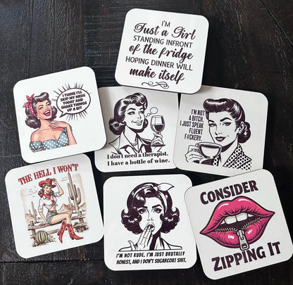 Sassy Magnets- Fridge Magnets- Retro Girls- Pin Ups- The Hell I Won't- Consider Zipping It- I'm Just A Girl