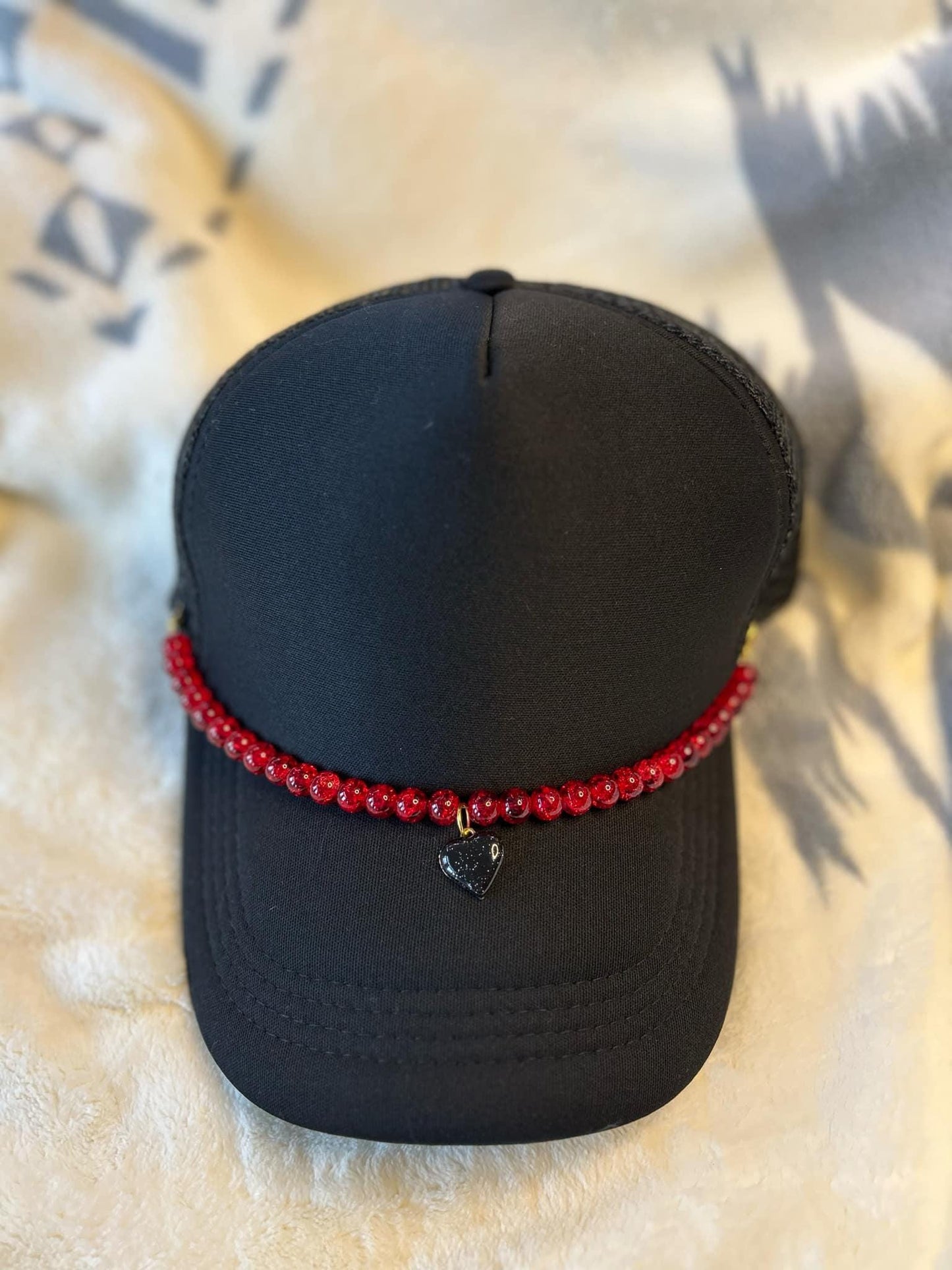 Red Beaded Hat Chain w/ Black Heart Charm- Trucker Hat Chain- Custom Hat Chain
