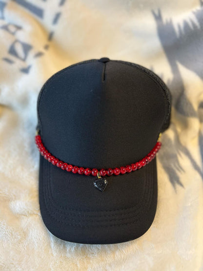 Red Beaded Hat Chain w/ Black Heart Charm- Trucker Hat Chain- Custom Hat Chain