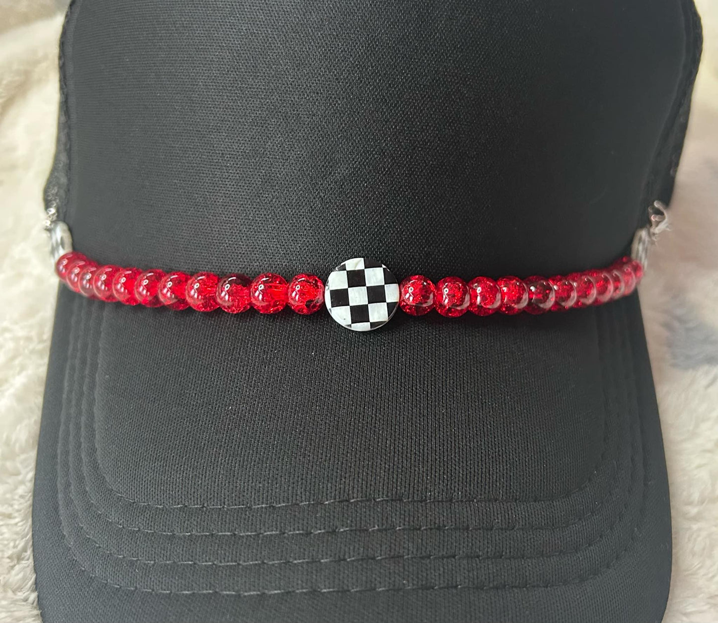 Hat Chains- Red Glass Beads- Checkered- Trucker Hat- Trucker Hat Chain- Custom Hat Chains