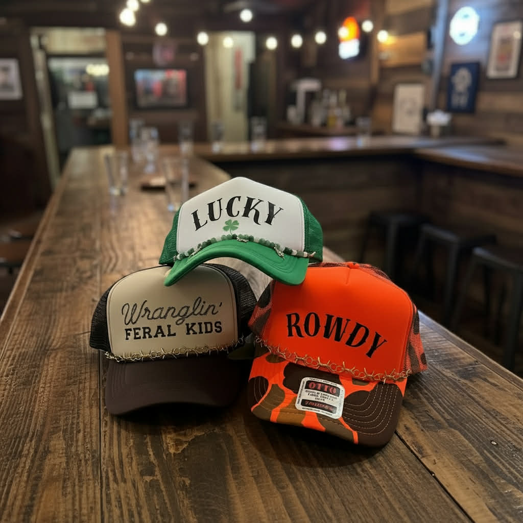 Rowdy Trucker Hat! Bright Colored- Edgy Hats- Camo- Barbed Wire Hat Chain