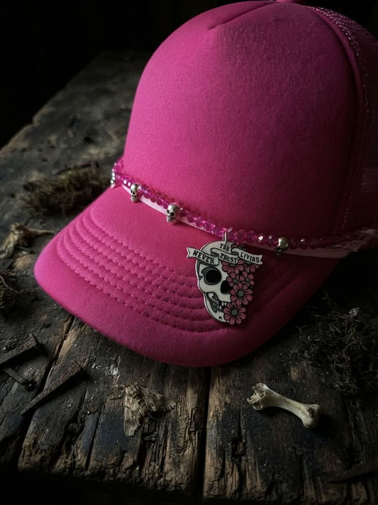 Halloween Trucker Hat Chain-Never Trust The Living-Skulls- Hot Pink