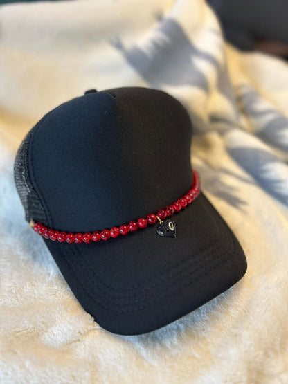 Red Beaded Hat Chain w/ Black Heart Charm- Trucker Hat Chain- Custom Hat Chain