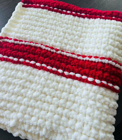Lightweight Hand Knit Blanket- Cream & Cherry Red- Super Soft and Warm- Snuggle Up