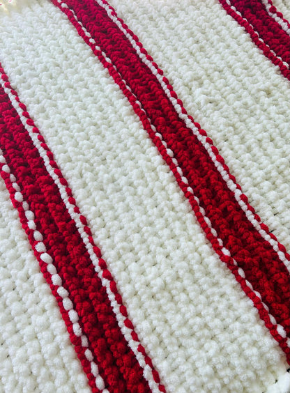 Lightweight Hand Knit Blanket- Cream & Cherry Red- Super Soft and Warm- Snuggle Up