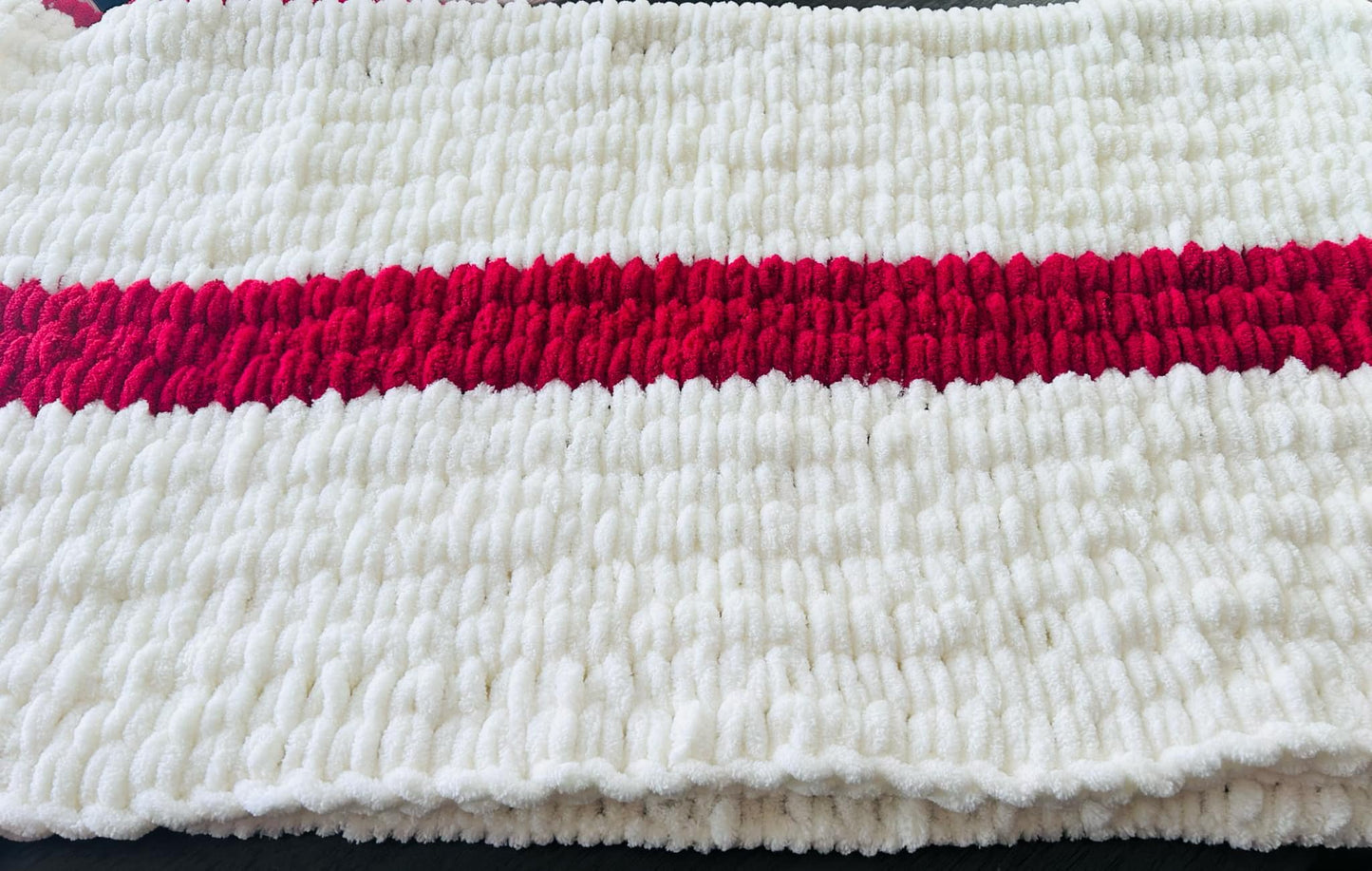 Lightweight Hand Knit Blanket- Cream & Cherry Red- Super Soft and Warm- Snuggle Up