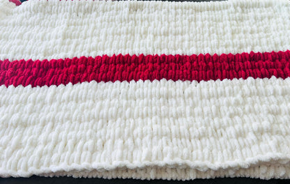 Lightweight Hand Knit Blanket- Cream & Cherry Red- Super Soft and Warm- Snuggle Up