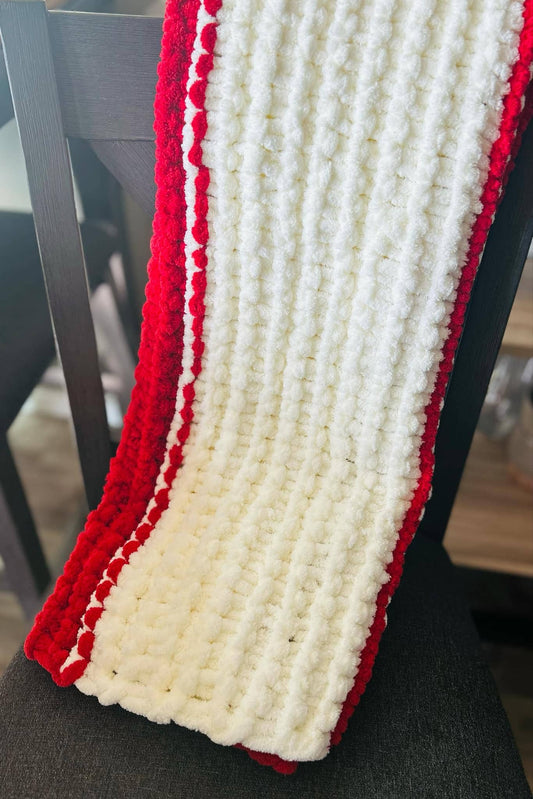 Lightweight Hand Knit Blanket- Cream & Cherry Red- Super Soft and Warm- Snuggle Up