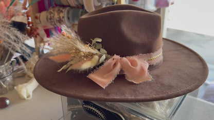Cowgirl Hat, Rich Brown, Chiffon & Gold Accents, Dried Flowers, Feathers, One Size Fits Most