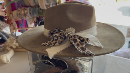 Cowgirl Hat: Solid Brushed Olive with Leopard Silk Scarf